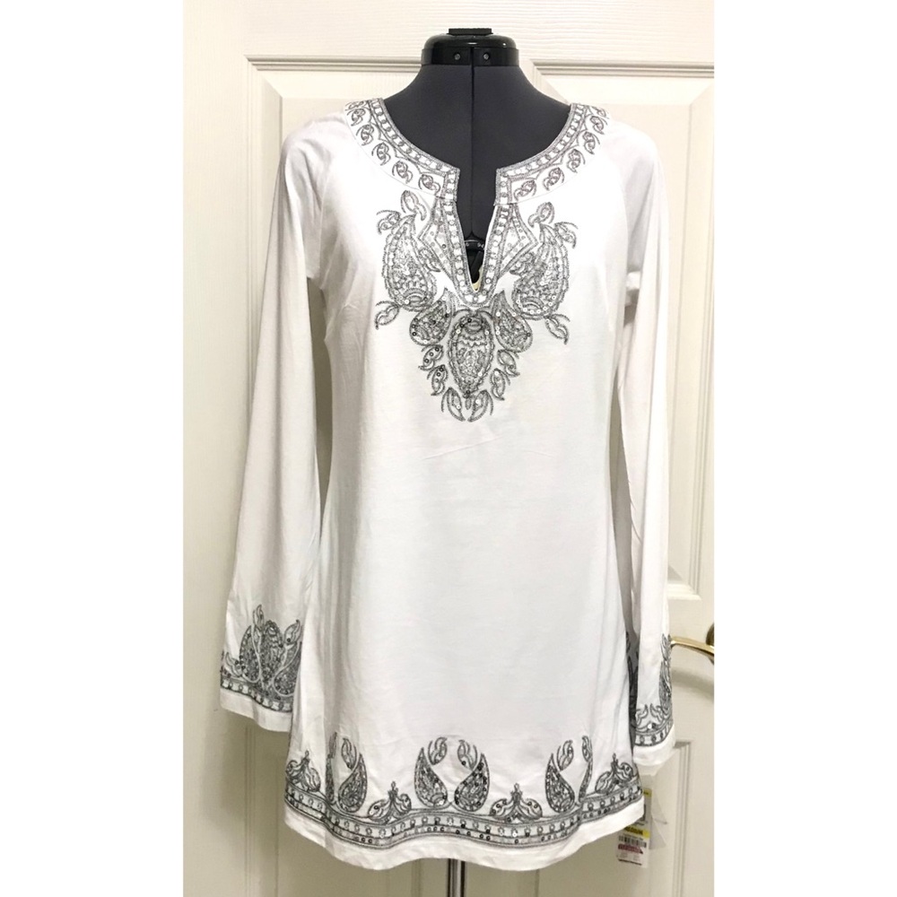 INC International Concepts White Tunic with Gray Embroidery